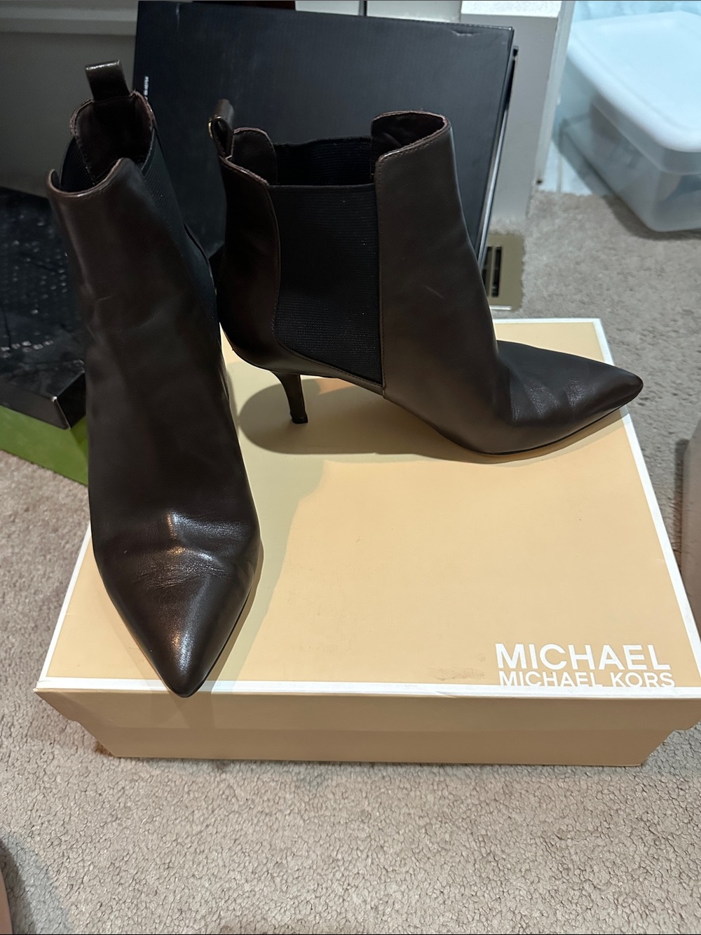 MICHAEL Michael Kors Dark Brown Pointed Toe Leather Booties